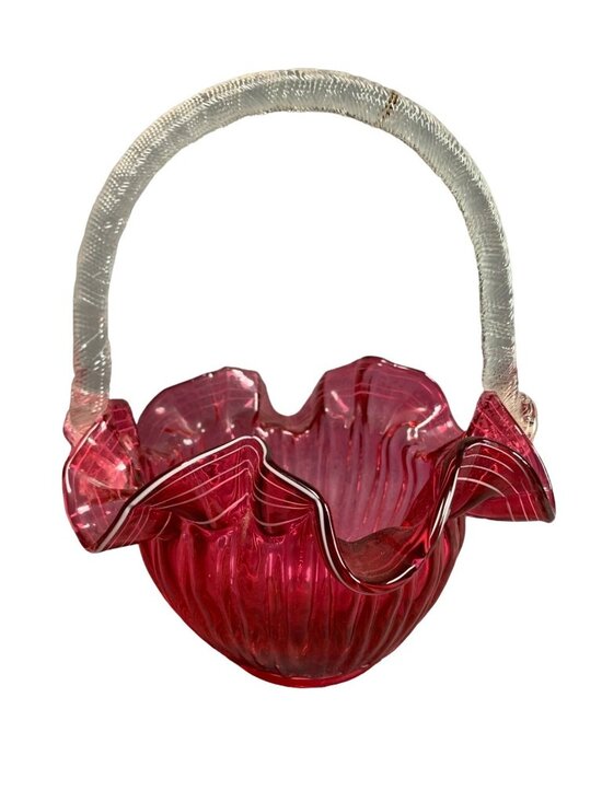 Other - Hand-Blown Cranberry Glass Basket Ruffled Edge & Clear Handle Vintage